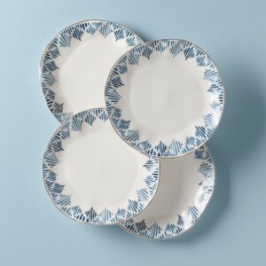 Blue Ikat Porcelain Dinner Plates with Gold Rim, Set of 4